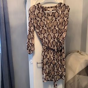 Michael Kors Gold chain split neckline Lace-up snakeskin print dress in caramel.